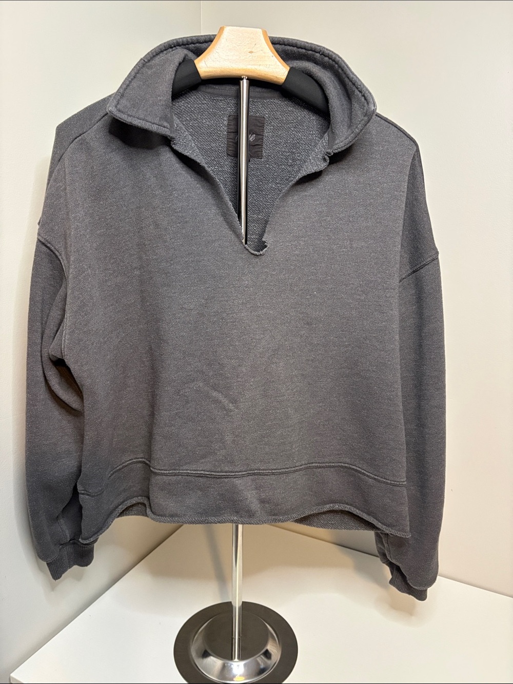 aerie Washed Charcoal Cropped Distressed Neckline Hoodie